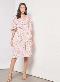 Casual Flared Bell Short Sleeve Knee Length Belted Wrap Dress With V-Neck Printed Pattern Pink 