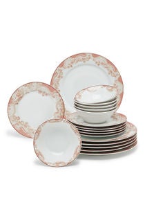 18 Piece Porcelain Dinner Set - Dishes, Plates - Dinner Plate, Side Plate, Bowl - Serves 6 - Printed Design Edelweiss Pink 