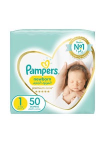 Premium Care Baby Diapers, Newborn, Size 1, 2 - 5 Kg, 50 Count - Helps Prevent Rashes 