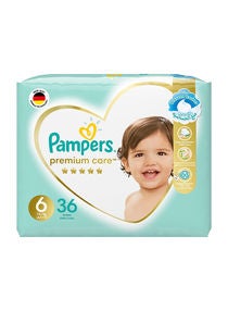 Premium Care Diapers, Size 6, 13+ Kg, The Softest Diaper And The Best Skin Protection, 36 Baby Diapers 
