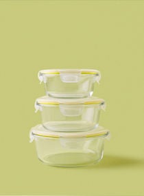 3 Piece Borosilicate Glass Food Container Set - Airtight Lids - Lunch Box - Round - Food Storage Box - Storage Boxes - Kitchen Cabinet Organizers - Glass Food Container - Yellow 