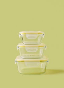 3 Piece Borosilicate Glass Food Container Set - Airtight Lids - Lunch Box - Sqaure - Food Storage Box - Storage Boxes - Kitchen Cabinet Organizers - Glass Food Container - Yellow 