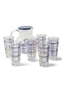 7 Piece Glass Drink Set Beverage Glasses For Juices - By Noon East - Jug 1.4 L, Tumblers 27 Cl - Serves 6 - Celticblue 