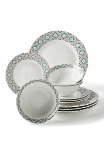 12 Piece Porcelain Dinner Set - Dishes, Plates - Dinner Plate, Side Plate, Bowl - Serves 4 - Printed Design Pixel 