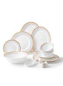 18 Piece Opalware Dinner Set - Light Weight Dishes, Plates - Dinner Plate, Side Plate, Bowl, Serving Dish And Bowl - Serves 4 - Festive Design Pixel Lace Gold 