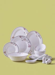 18 Piece Opalware Dinner Set - Light Weight Dishes, Plates - Dinner Plate, Side Plate, Bowl, Serving Dish And Bowl - Serves 4 - Festive Design Tulip Gold 