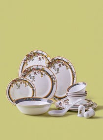 18 Piece Opalware Dinner Set - Light Weight Dishes, Plates - Dinner Plate, Side Plate, Bowl, Serving Dish And Bowl - Serves 4 - Festive Design Garden Gold 