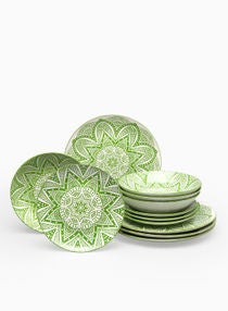 12 Piece Porcelain Dinner Set - Dishes, Plates - Dinner Plate, Side Plate, Soup Plate - Serves 4 - Printed Design Jade 
