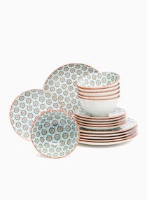18 Piece Porcelain Dinner Set - Dishes, Plates - Dinner Plate, Side Plate, Bowl - Serves 6 - Printed Design Charlotte 