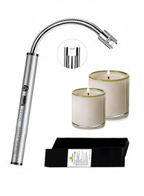 360 Degree Windproof Flameless Flexible Neck Long USB Type-C Rechargeable Electric Candle Arc Lighter With LED Battery Display And Safety Switch Silver 26 x 1.5 x 1.5cm 
