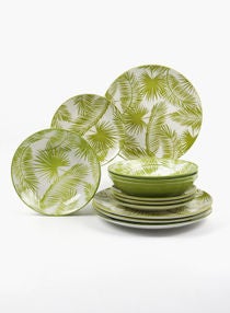 12 Piece Porcelain Dinner Set - Dishes, Plates - Dinner Plate, Side Plate, Soup Plate - Serves 4 - Printed Design Green Palms 