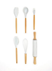 6 Piece Baking Tools - Silicone - With Wooden Handles - Brush - Baking Tools - Kitchen Accessories - Cake Tools - Egg Whisker - Rolling Pin - White/Marble 