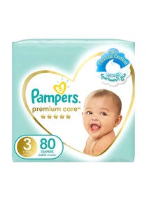 Premium Care Diapers, Size 3, 6-10 Kg, The Softest Diaper And The Best Skin Protection, 80 Baby Diapers 