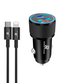 Apple MFi Certified 38W Dual Port USB-C Power Delivery All Metal PD20/QC3.0 Fast Car Charger Adapter With Lightning Cable For Apple iPhone/iPad/AirPods,Samsung Galaxy Note 20/10 S21/20/10,Huawei/Xiaomi/Google Pixel Black 