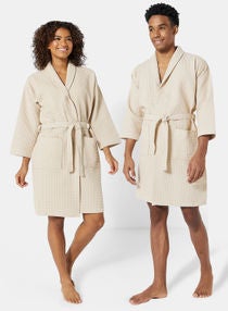 Bathrobe - 280 GSM 100% Cotton Waffle Quick Dry And Lightweight - Shawl Collar & Pocket - Linen Color - 1 Piece 