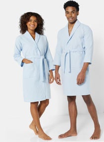 Bathrobe - 280 GSM 100% Cotton Waffle Quick Dry And Lightweight - Shawl Collar & Pocket - Blue Color - 1 Piece 