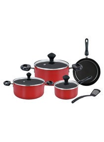 8-Piece Value Pack Cooking Set Includes 1xSaucepan With Glass Lid 14cm, 1xCasserole With Glass Lid 18 Cm, 1xCasserole With Glass Lid 24cm, 1xFrypan 24cm, 1xTurner Red/Black 