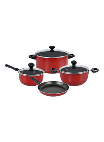 7-Piece Non-Stick Cast Aluminium Induction Base Cookware Set Includes 1x Sauce Pan With Lid, 1x Small Casserole With Lid ,1x Large Casserole With Lid, 1x Fry Pan Red/Black 24cm 