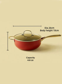 4.6 L Frying Pan - Aluminum Pan Coated With Non-Stick Surface - Heavy Bottom Chef'S - Tempered Glass Lid - PFOA Free - Red 