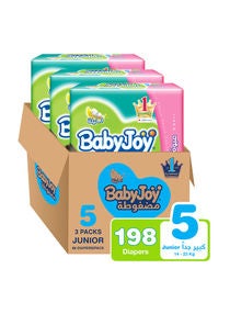 Baby Diapers, Size 5, 14-23 Kg, 198 Count (66 X 3) - Junior, Compressed, Cotton Touch 