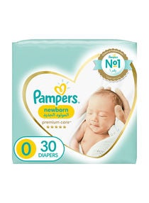Premium Care Diapers, Size 0, Newborn, 0-2.5Kg, 30 Baby Diapers 