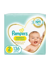 Premium Care Diapers, Size 2, Mini, 3-8 Kg, The Softest Diaper And The Best Skin Protection, 136 Baby Diapers 