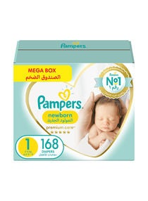 Premium Care Diapers, Size 1, Newborn, 2-5 Kg, The Softest Diaper And The Best Skin Protection, 168 Baby Diapers 