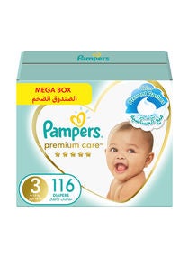 Premium Care Diapers, Size 3, 6-10 Kg, The Softest Diaper And The Best Skin Protection, 116 Baby Diapers 