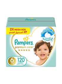 Premium Care Diapers, Size 6, 13+ kg, The Softest Diaper with Stretchy Sides for Better Fit, 120 Baby Diapers 