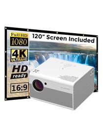 Android Full Hd 4500 Lumens/Screen Size Upto 200 Inch For Small/Big Room Native Res 1080P Download Apps Bluetooth Wifi Home Theater Gaming With 120Inch Projector PROJ-WO-55-W_SCR-04 White 